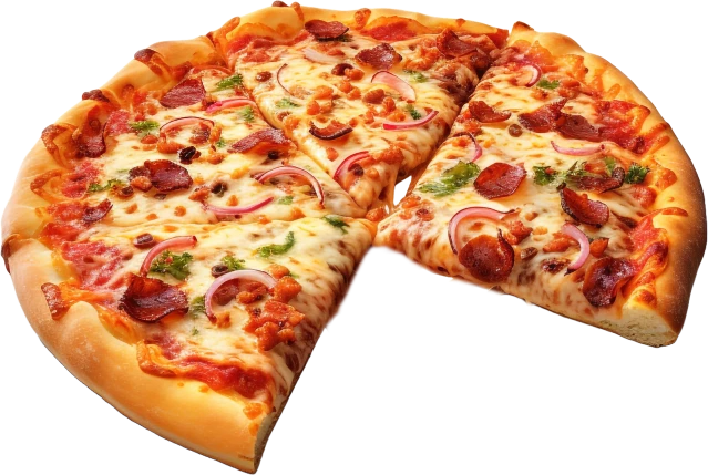Uma pizza suculenta de mussarela com um pedaço faltando